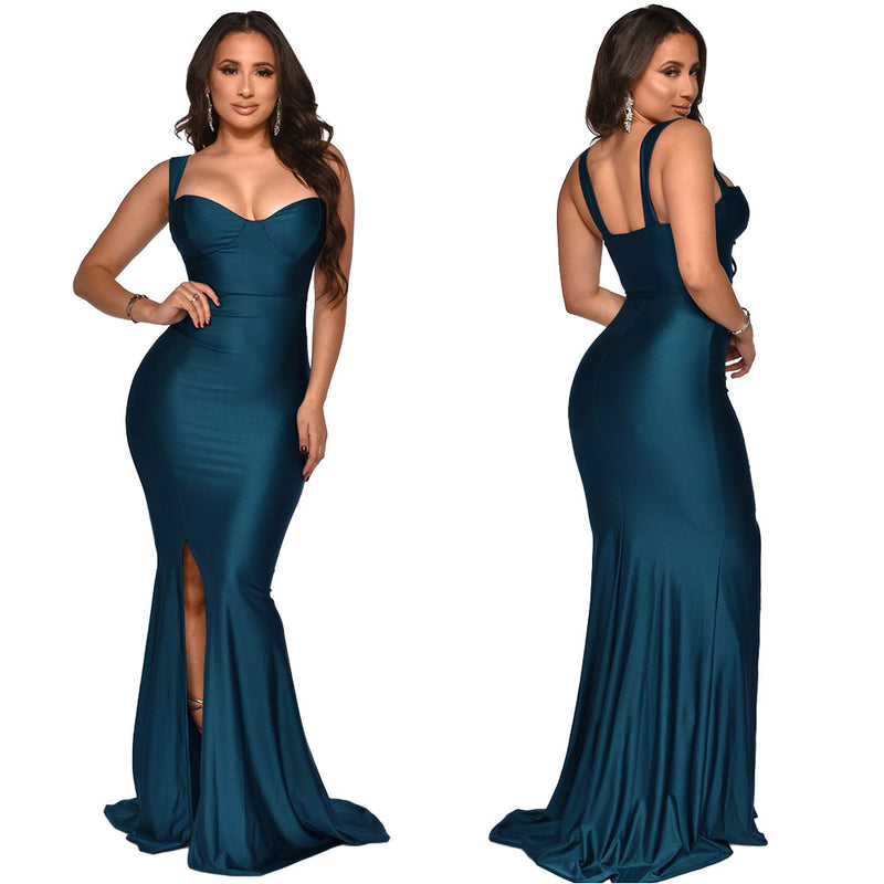 Kendall Jenner Wedding Guest Dress Bandeau Sling Long Dress Slit Sheath Skirt