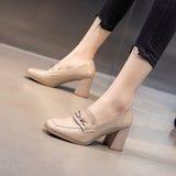 Nude Block Heels Leather Shoes Spring and Autumn High Heels