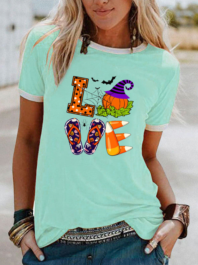 Halloween Costumes Love Pattern Print Contrast Color Short Sleeve T-shirt