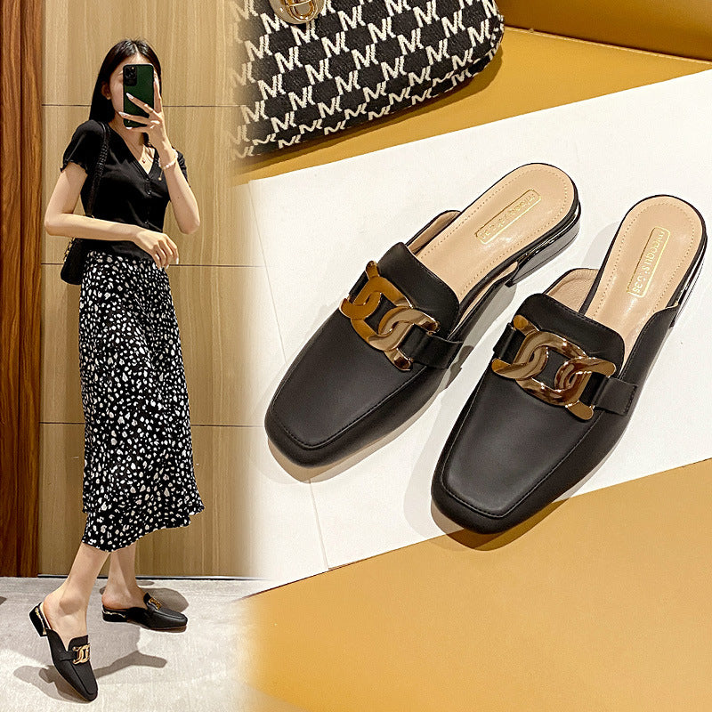 Finn Chain Pointed Toe Mule Mid Heel Toe Box Half Slippers Women's Summer Mules Sandals