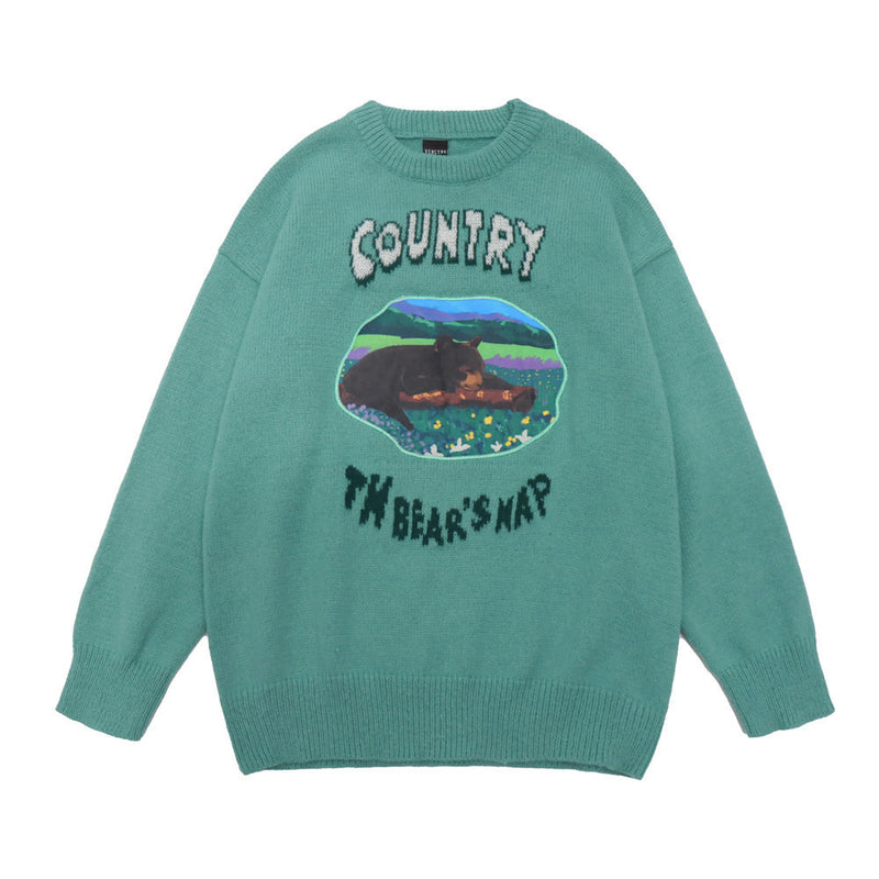Men Sweater Cartoon Stickers Cloth Printing Knitwear Men's Street Pullover