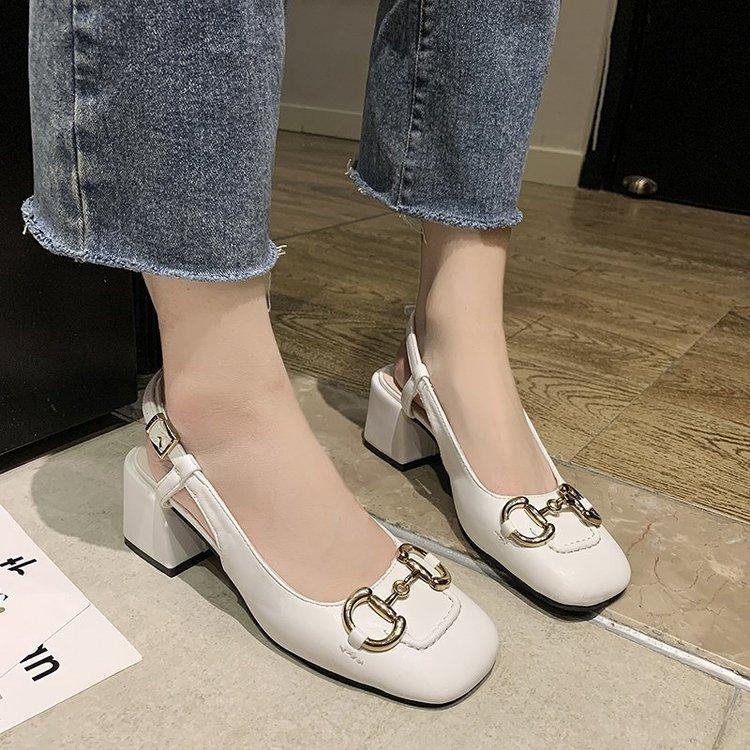 High Heels Slides Summer Retro Square Toe Chunky Heel Sandals Fashion Toe Cap Ankle-Strap Buckle High Heels