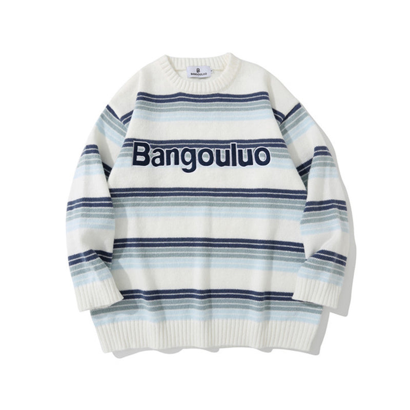 Men Sweater Idle Style Letter Embroidery Mixed Color Stripe Sweater Men's Pullover Sweater