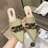 Finn Chain Pointed Toe Mule Slippers Female Summer Outer Wear Pointed Toe Pump Mid Heel Slippers