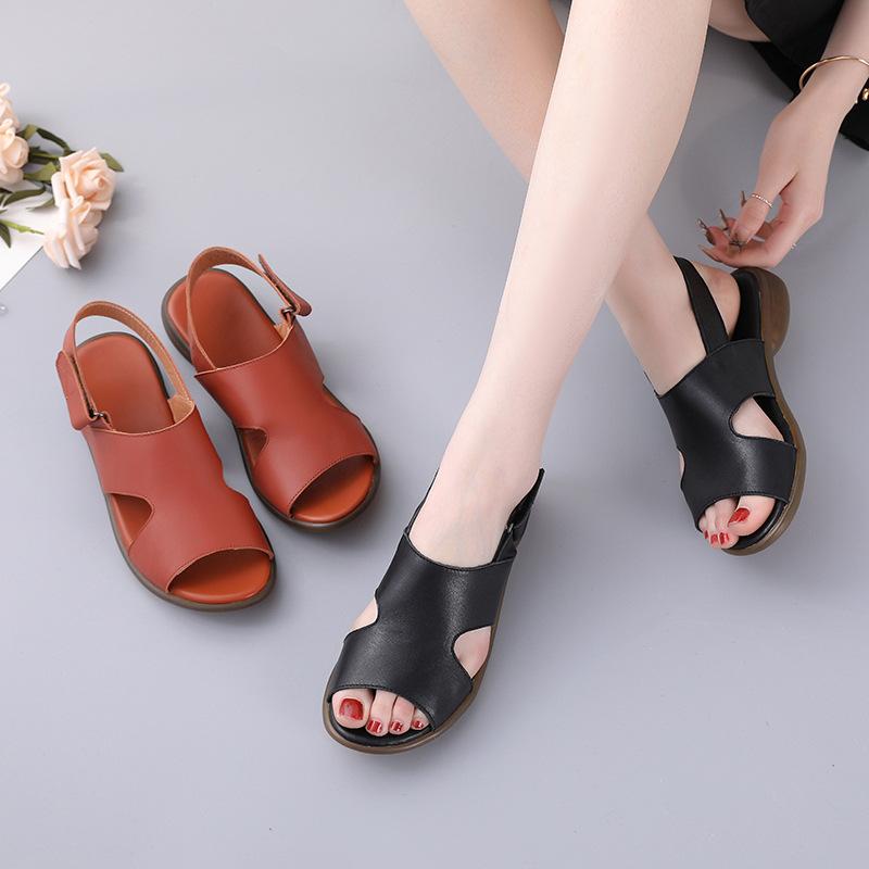 Highway Flat Sandals Summer Vintage Soft Bottom Flat Heel Women's Sandals Genuine Leather Strap Sandals for Women