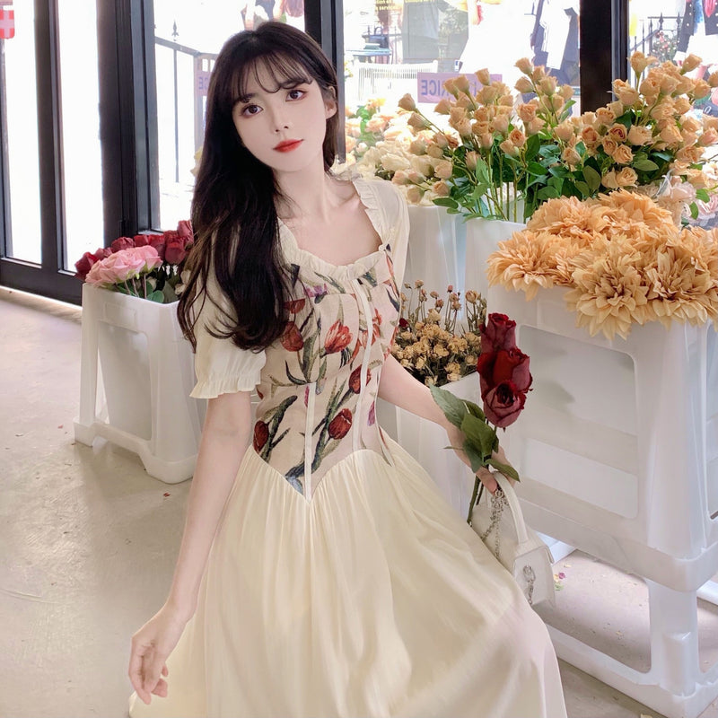 Regency Dress Tulip Vintage Court Style Floral Patchwork Waist-Slimming