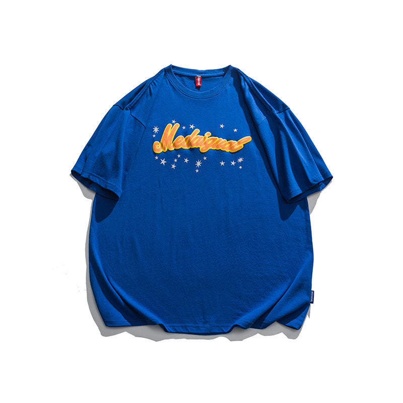 Men T Shitrs Color Letter Foam Starry Sky Printed Round Neck