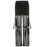 Julia Fox Low Rise Jeans Breathable Mesh Yarn False Two Pieces D-Shape Button Decorative Ribbon Split