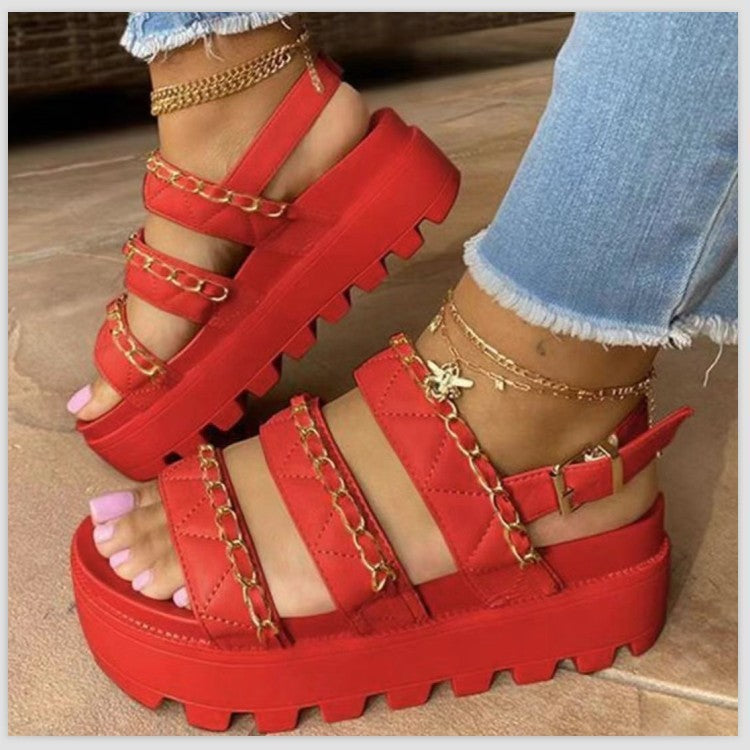 Women Platform Sandals Summer Plus Size Round Toe Metal Chain Casual Sandals
