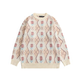Men Sweater Rhombus Contrasting Color Jacquard Knitwear Men Loose round Neck Sweater
