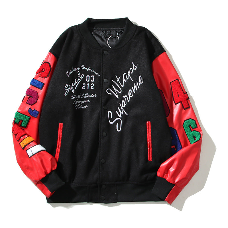 Cardigan Baseball Jacket Autumn and Winter Sicem Black and Red Stitching Baseball Uniform Jacket
