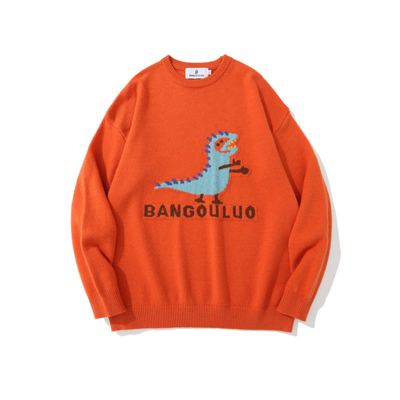 Men Sweater Cartoon Dinosaur Jacquard Sweater Men's Loose round Neck Sweater Trendy Brand Pullover Top