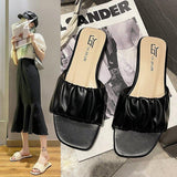 Women Open Toe Sandals Flats Summer Slippers Flat Heel Pleated Word Fashion Outdoor Slippers