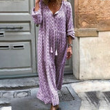 Gypsy Style Dresses Casual Printed V-neck Lace-up Long Sleeve