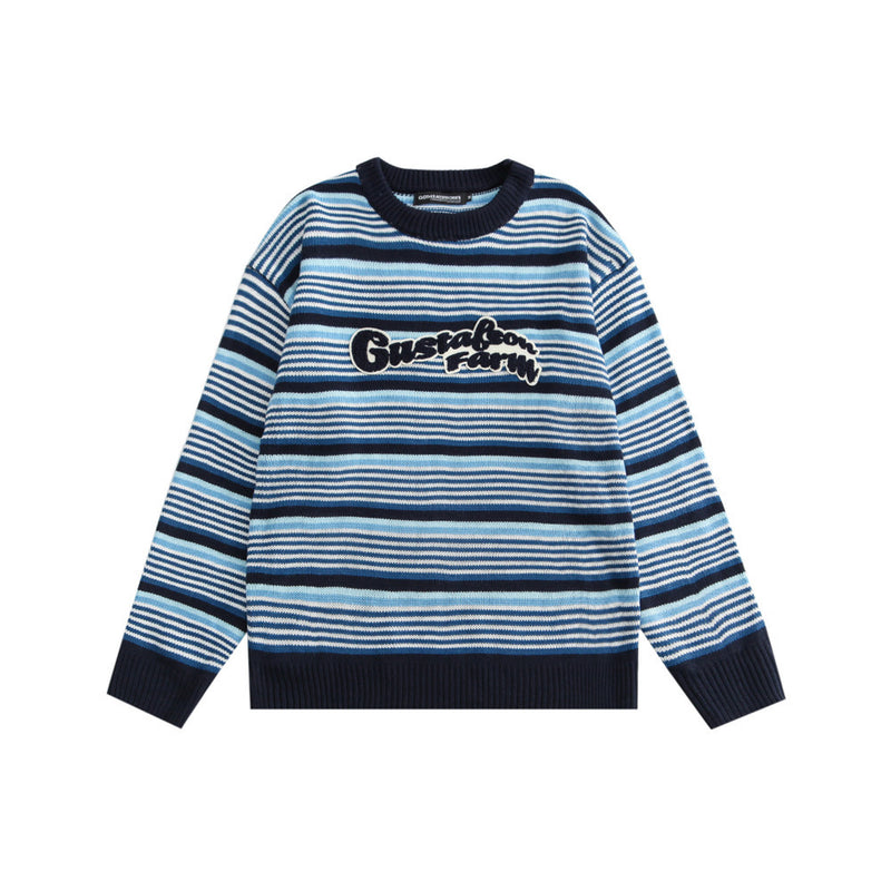 Men Sweater Embroidered Letter Patch Striped Sweater Men's Loose round Neck Pullover