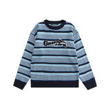 Men Sweater Embroidered Letter Patch Striped Sweater Men's Loose round Neck Pullover