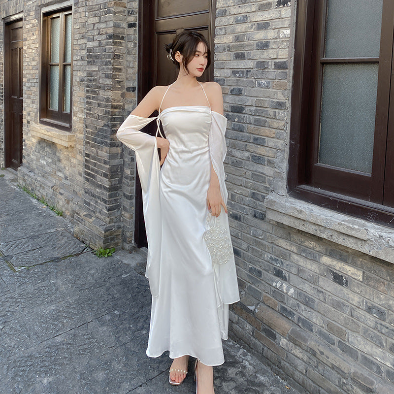 Taffeta Dress Sexy Lace-up Backless Dress Satin Slim-Fit Sheath Long Sleeve Dress