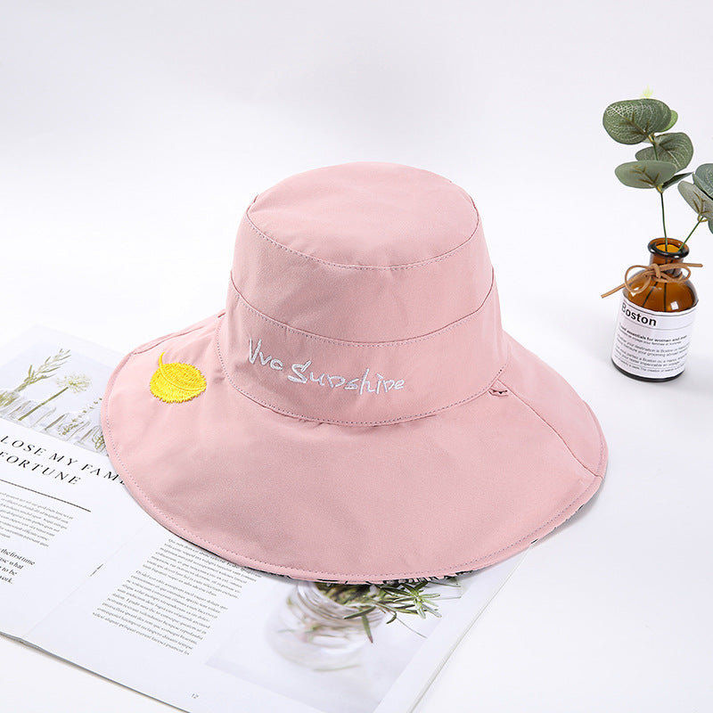 Women Bucket Hat Large Brim Embroidered Sun Protection Sunshade