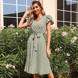 Emerald Green Dress Printed Skirt Pleated V-neck Dress