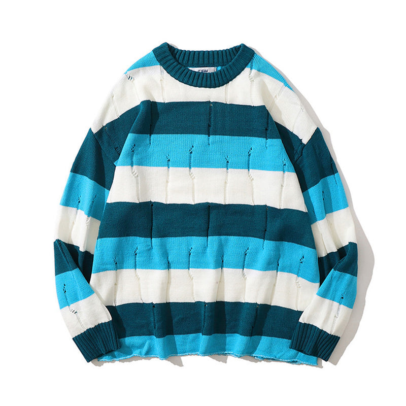 Men Sweater Ripped Striped Sweater Men's round Neck Sweater Pullover