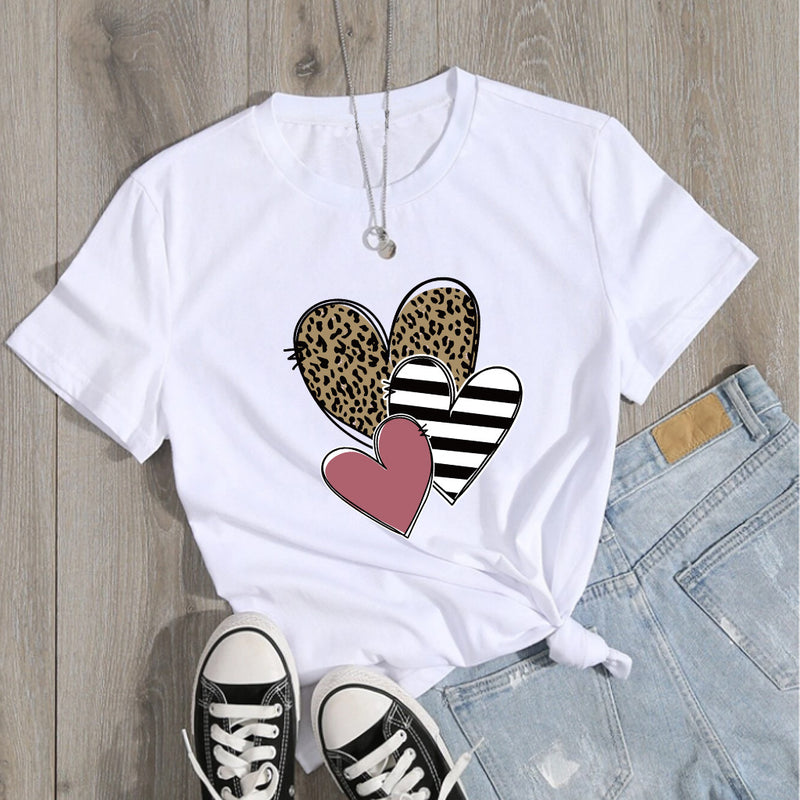 Valentine's Day T Shirts Couples Leopard Print Heart Printing Women's Pullover Short Sleeve T-shirt
