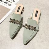 Finn Chain Pointed Toe Mule Closed Toe Half Slippers Women 1 Summer Square Heel Pointed Toe Metal Chain Mules Shoes Women