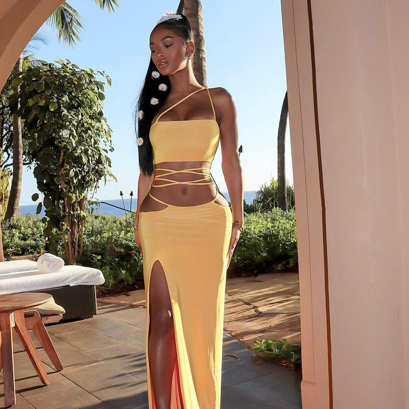 Kendall Jenner Wedding Guest Dress Oblique Shoulder Strap Cross Strap Two-Piece Suit Fashion Sexy Slit over the Knee