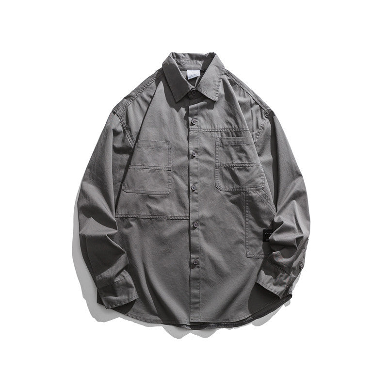 Man Fall Outfis Retro Simple Solid Color Long Sleeve Shirt Loose Casual Shirt