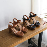 Platform Heels for Women Summer Chunky Heel Retro Brown Word Buckle High Heels