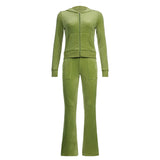 Velour Tracksuit Sports Two-Piece Set Solid Color Velvet Zipper Hooded Jacket Casual Suit