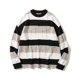 Men Sweater Ripped Striped Sweater Men's Horizontal Striped Pullover
