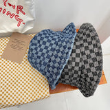 Vintage Check Bucket Hat Denim Flat Top Foldable Soft Brim Bucket Hat