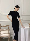 MIDI Mauve Cocktail Dress Retro Slim round Neck Black Knitted Dress Women's Dress