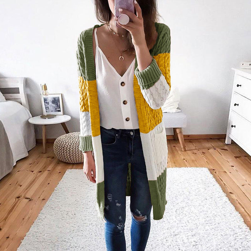 Women's Cardigan Knit Sweater Autumn and Winter Striped Stitching Contrast Color Cardigan Sweater for Women