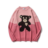 Men Sweater Cartoon Bear Jacquard Color Matching Sweater Men's Loose Pullover