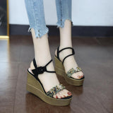 High Heels Slippers Bohemian Sandals Summer Fashion Printing Mesh Platform High Heels