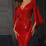 Maxi Burgundy Dress Formal Spring/Summer Sexy Dress Split Pure Color Sequins Formal Dress