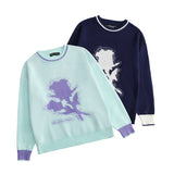 Men Sweater Contrast Color Jacquard Knitted Sweater Men's Loose round Neck Sweater