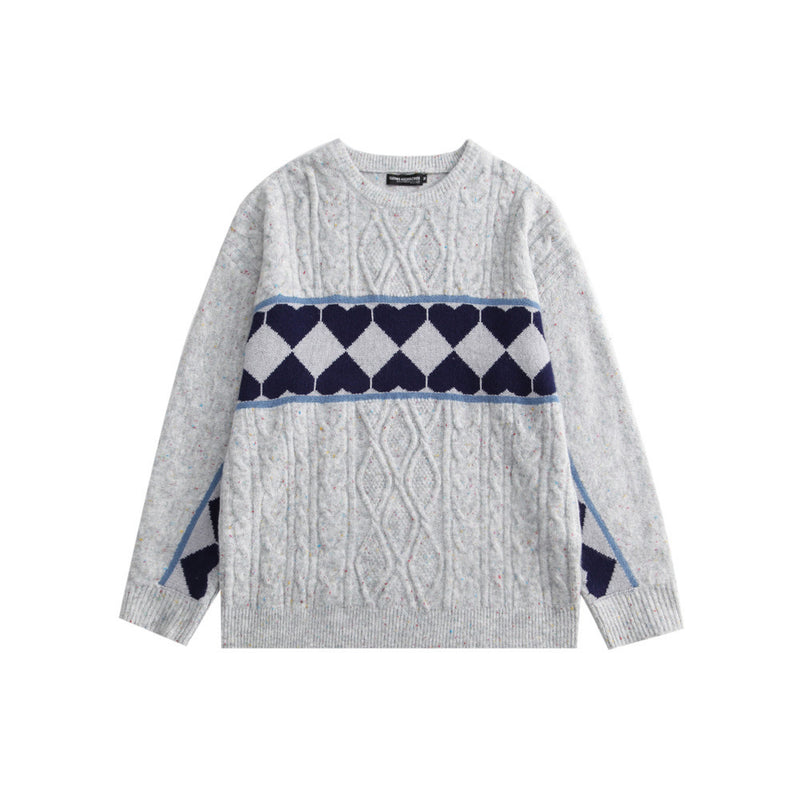 Men Sweater Contrast Color Heart Jacquard Sweater Men's Loose round Neck Pullover