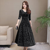 Blue Velvet Dress Pleuche Long Sleeve Swing Skirt