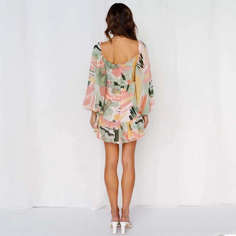 Coachella Music Festival Outfits Spring and Summer Chiffon Printed Short Skirt Dress Puff Sleeve