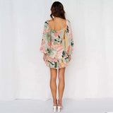 Coachella Music Festival Outfits Spring and Summer Chiffon Printed Short Skirt Dress Puff Sleeve