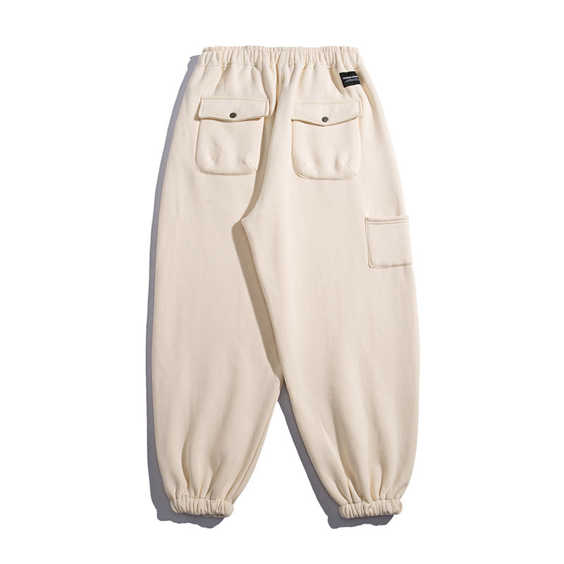 Man Fall Loose Casual Trousers Multi-Pocket Elastic Mid Waist Ankle Banded Pants