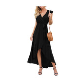 Emerald Green Dress Solid Color Short Sleeve Split Long Dress