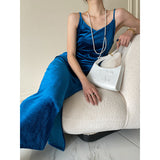 Blue Velvet Dress Split Suspender Skirt