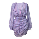 MIDI Mauve Wrap Dress Clothes Women's Autumn Clothing Purple Puff Sleeve Dress