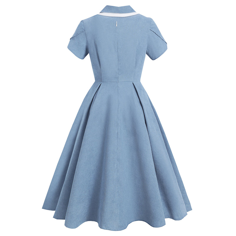 Regency Dress Double Collar Lapel Contrast Color Waist Petal Sleeve Button