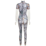 Summer women's fashion printed short-sleeved hip-lifting sports jumpsuit women