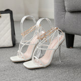 Hot Pink Heels Square Toe Lock Head Chain Crystal Heel High Heel Sandals for Women