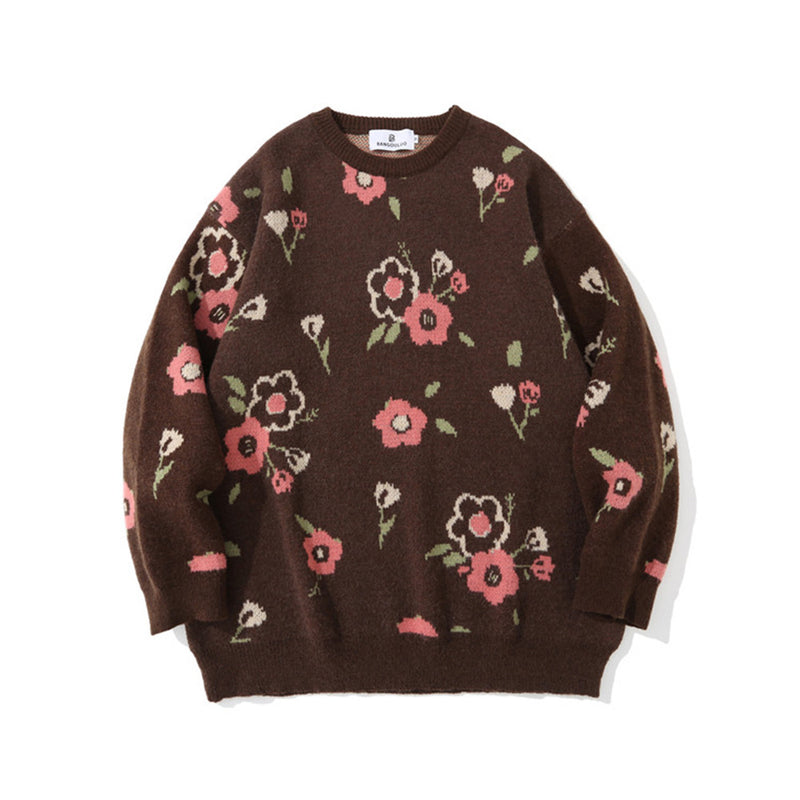 Men Sweater Flower Jacquard Knitted Sweater Men's Loose round Neck Sweater